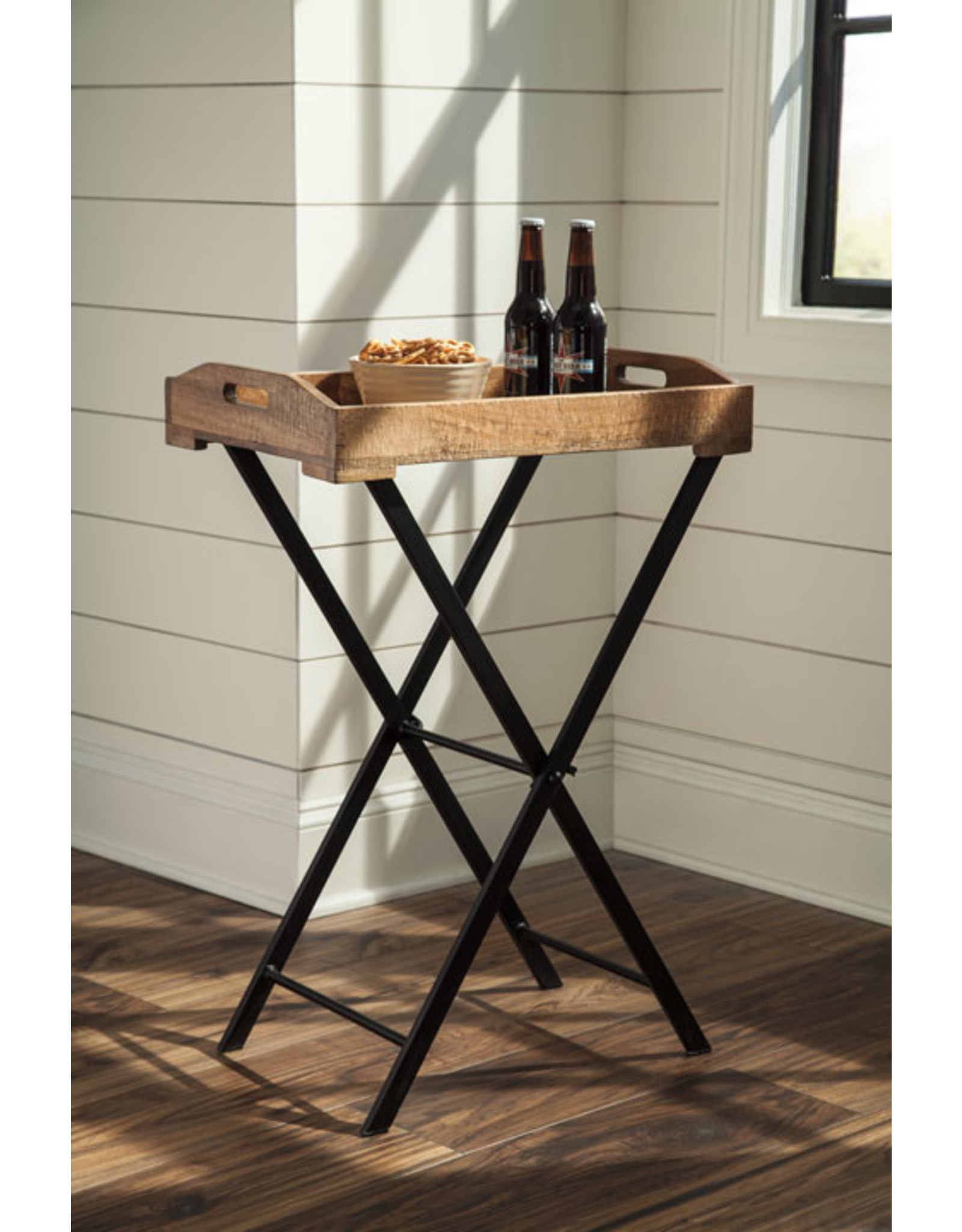 Farmhouse Accent Table with folding base and removable wooden tray