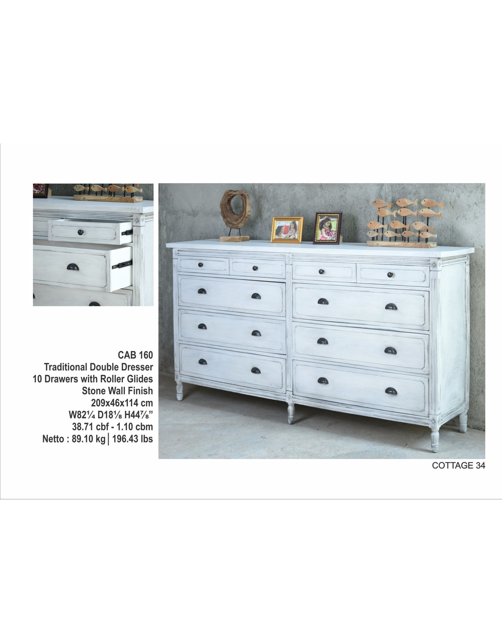 CAB160 Traditional Dbl Dresser 10 drw 82.2x18.1x44.8