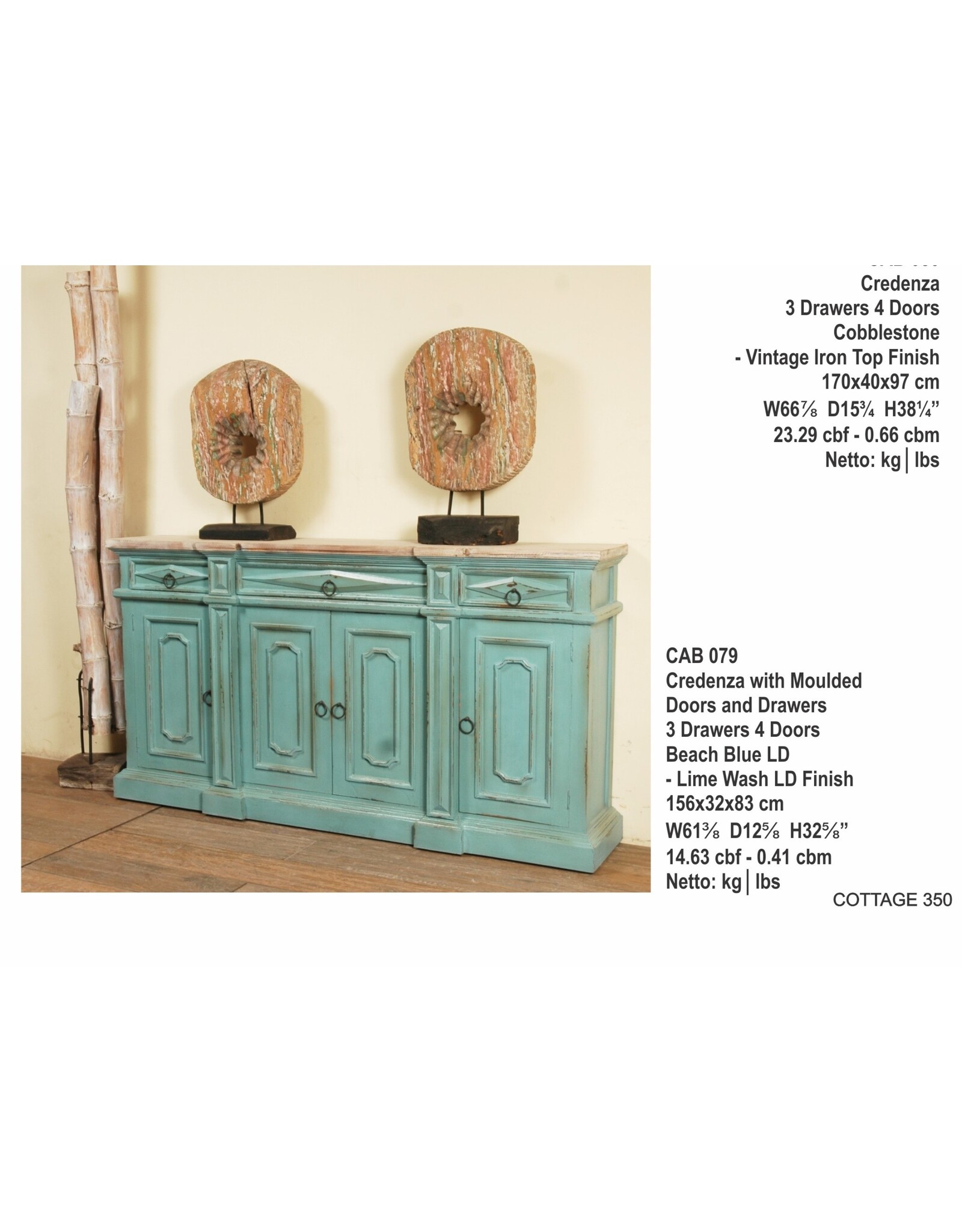 CAB079 Credeza W/ Moulded 4 Dr and 3 Drw  61.3x12.6x32.6"H