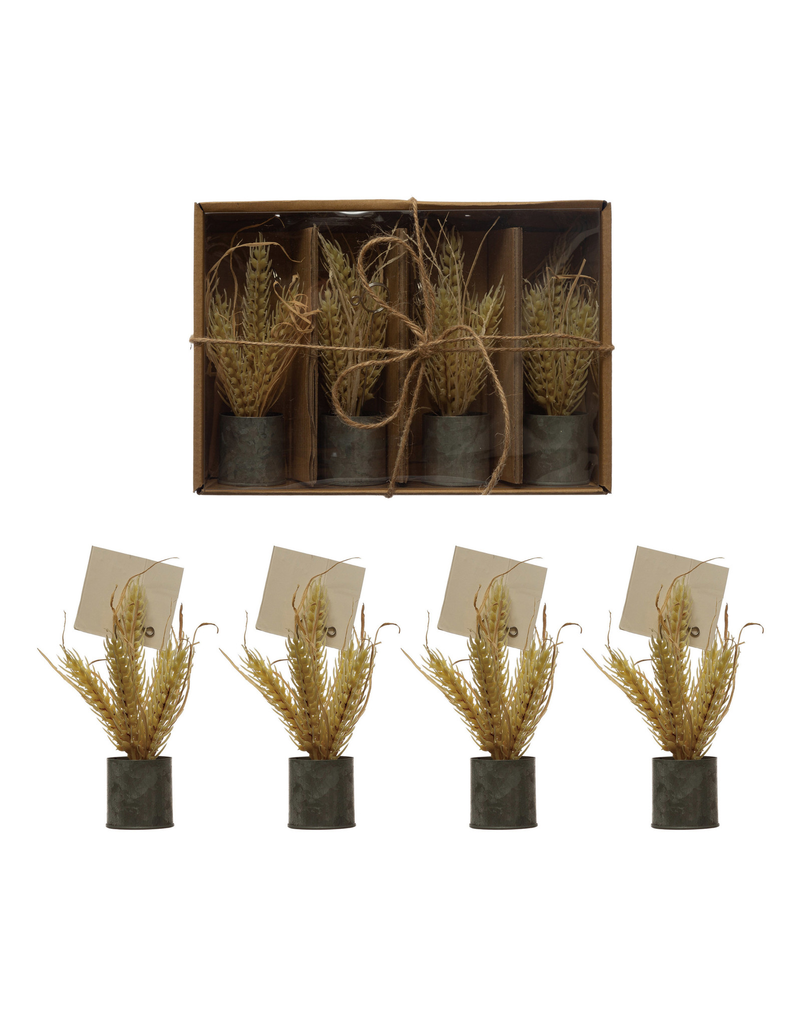 CF3619  6"H Faux Wheat Place Card/Photo Holders in Galvanized Metal Pot, Boxed Set of 4