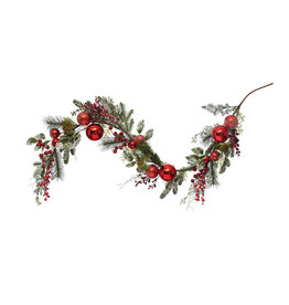 XS1138 74"H Faux Pine Garland with Red  Ball Ornaments, Pinecones and Berries