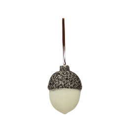 XS1327  2"H Flocked Resin Acorn Ornament, White and Pewter Finish