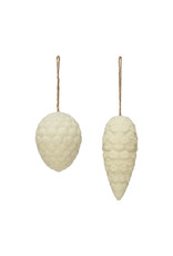 XS1340A  3-1/2"H - 5"H Flocked Wood Pinecone with Silver Glitter, White, 2 Styles