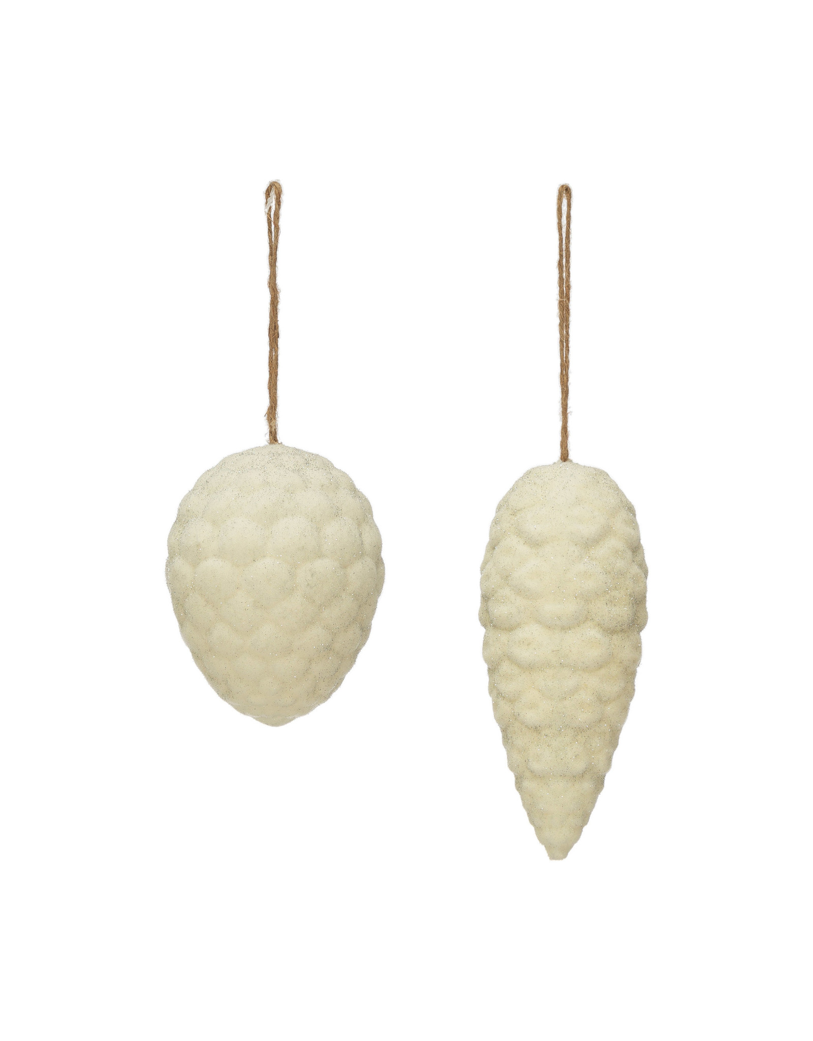 XS1340A  3-1/2"H - 5"H Flocked Wood Pinecone with Silver Glitter, White, 2 Styles