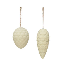XS1340A  3-1/2"H - 5"H Flocked Wood Pinecone with Silver Glitter, White, 2 Styles