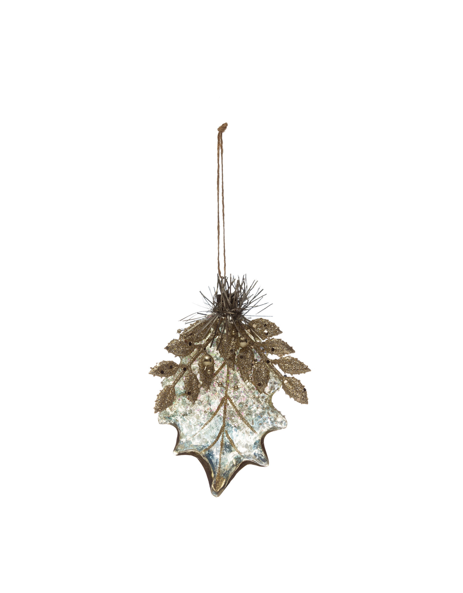 XS1655 5-1/4"H Hand-Painted Mercury Glass Leaf Ornament with Beads and Tinsel, Gold Finish