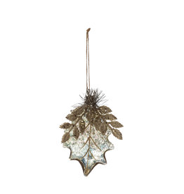 XS1655 5-1/4"H Hand-Painted Mercury Glass Leaf Ornament with Beads and Tinsel, Gold Finish