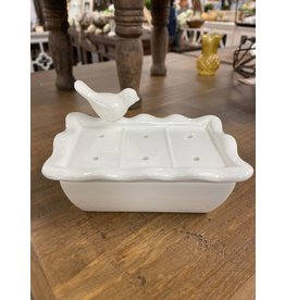 DE1351 Ceramic Soap Dish W/ Removable Tray w/ Bird- Wht