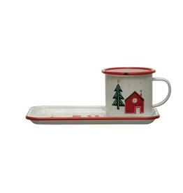 XS0853 Enameled Tray and Mug with Red Rim, Set of 2 SKU#XS0853 In Stock