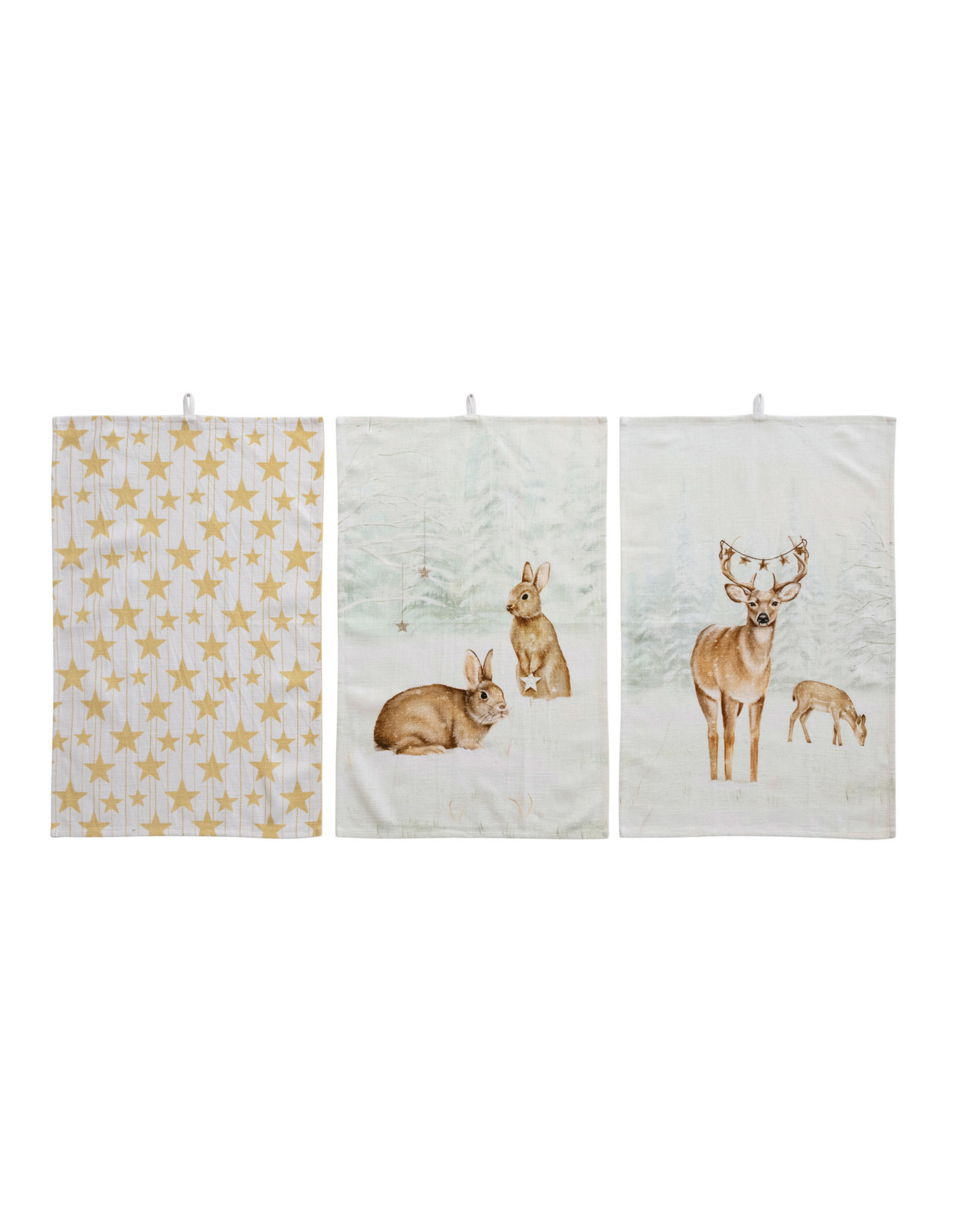 XS0114A 28"L X 18"W Cotton Tea Towel with Forest Animals/Stars, Multi Color, 3 Styles EACH