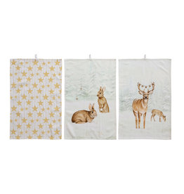 XS0114A 28"L X 18"W Cotton Tea Towel with Forest Animals/Stars, Multi Color, 3 Styles EACH