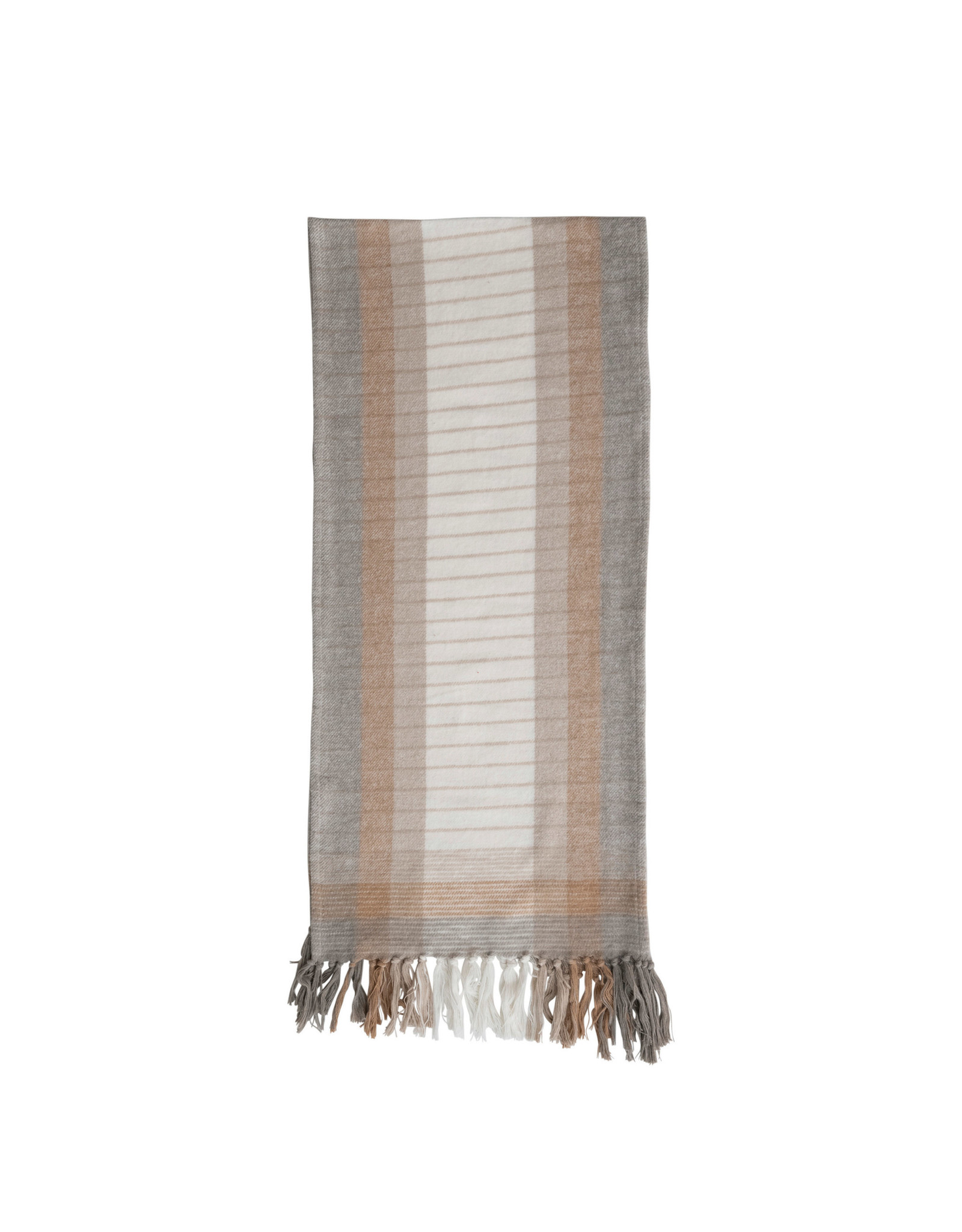 XS0122 72"L x 14"W Cotton Flannel Table Runner with Fringe, Grey, White and Beige Plaid