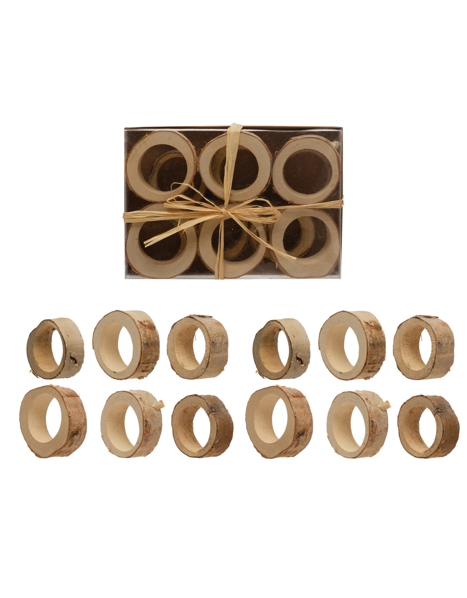 XS0960 Approximately 3" Round Birch Wood Napkin Rings, Boxed Set of 12