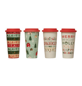 XS0934 Stoneware Travel Mug with Lid, 4 Styles EACH