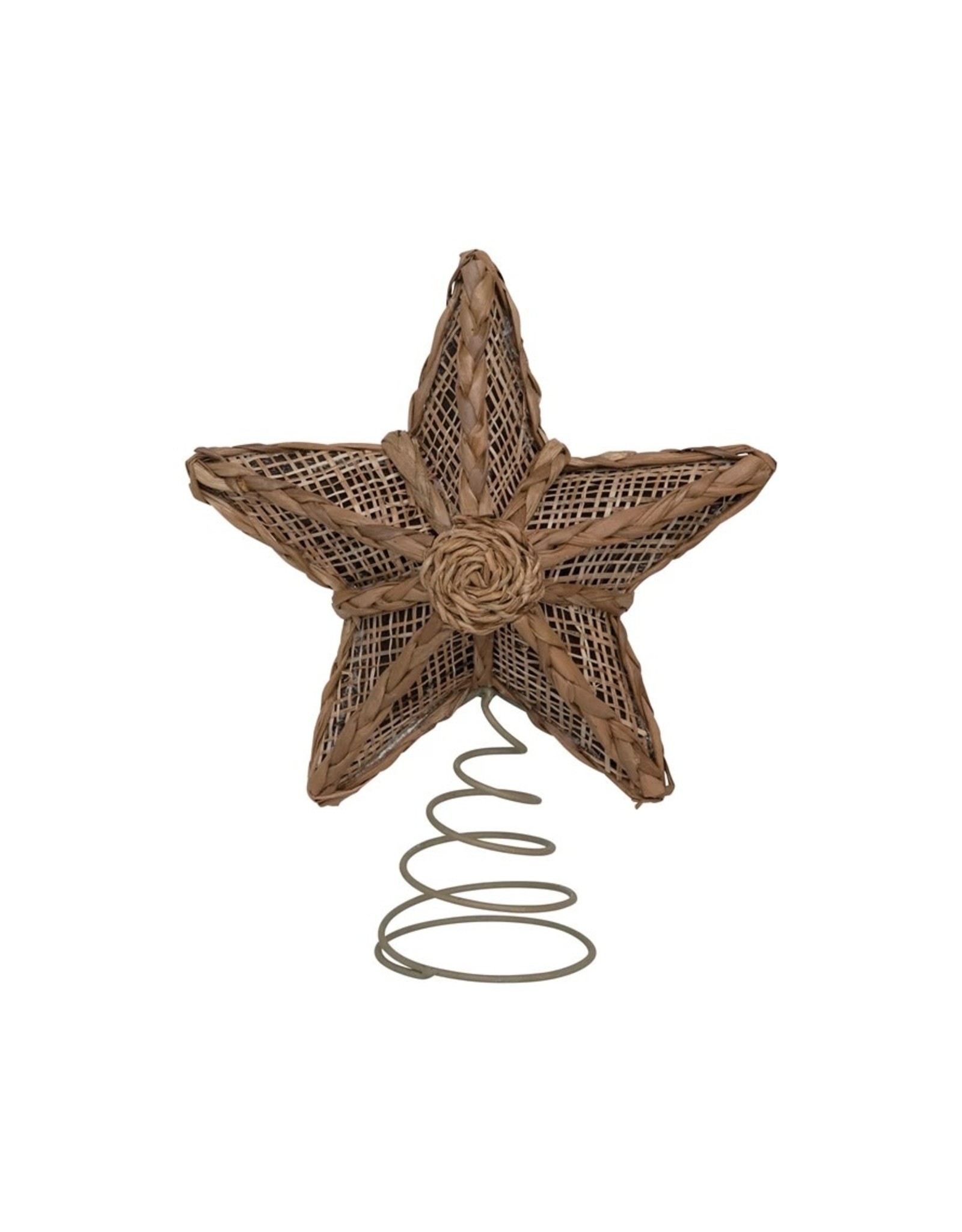 XS0384  NEW 7"L x 7"W x 9-1/2"H Hand-Woven Burlap, Bankuan and Metal Star Tree Topper, Natural