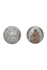 XM9567A Mango Wood and Metal Clad Orb w/ Carved and Etched Pattern, Silver Finish, 2 Styles