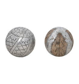 XM9567A Mango Wood and Metal Clad Orb w/ Carved and Etched Pattern, Silver Finish, 2 Styles