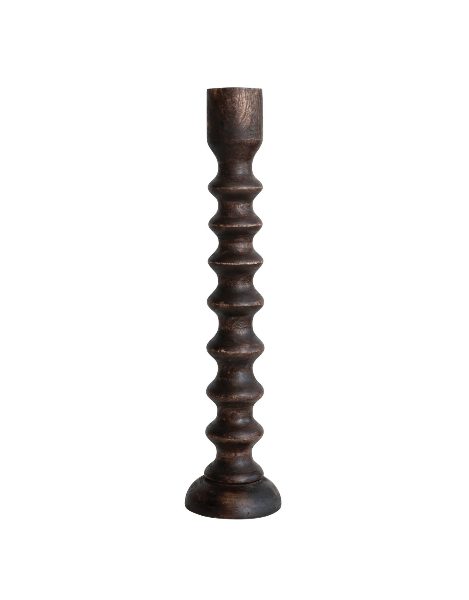 Hand-Carved Mango Wood Taper Holder, Walnut Finish  5" Round x 21"H DF7061