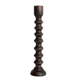 Hand-Carved Mango Wood Taper Holder, Walnut Finish  5" Round x 21"H DF7061