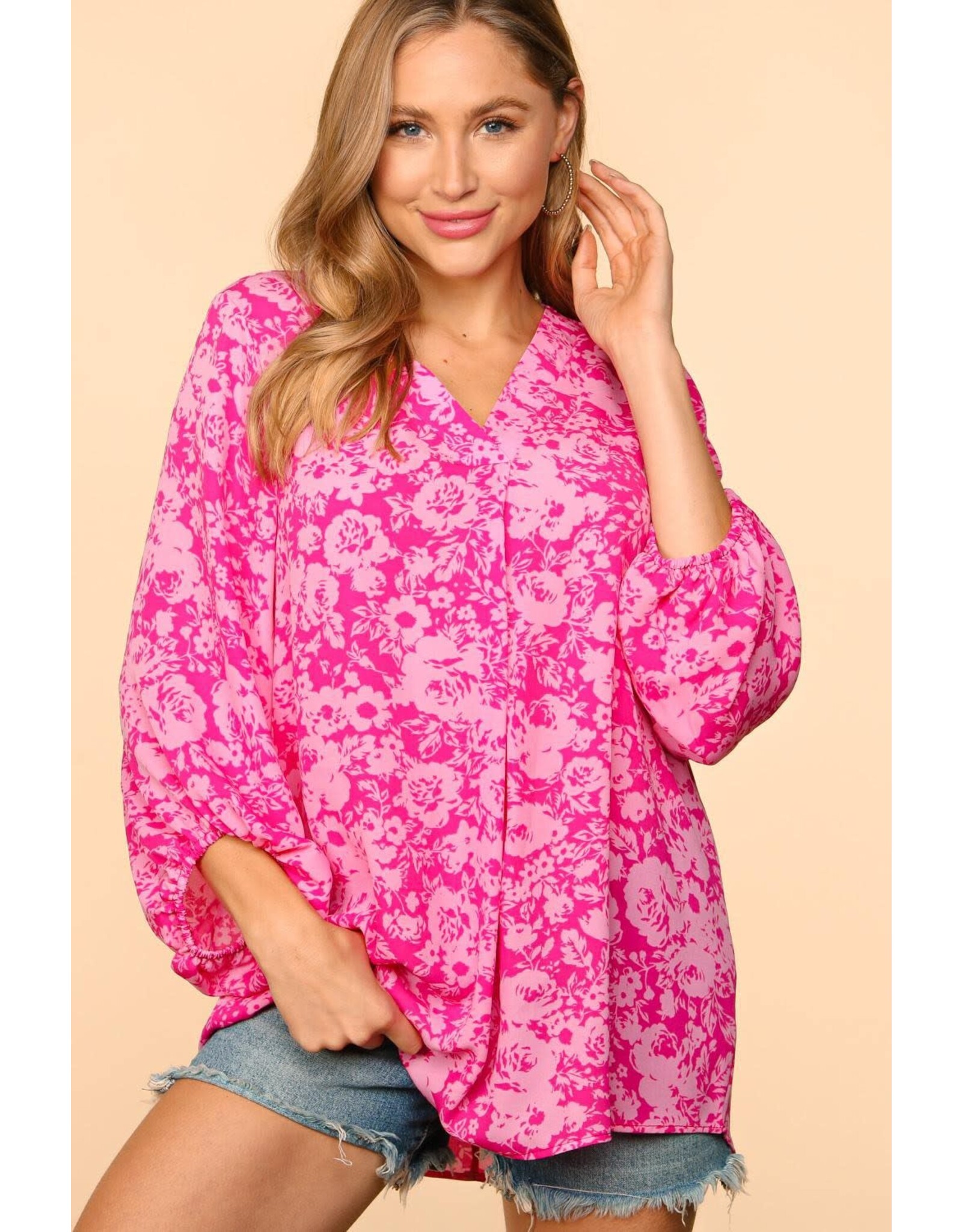 Plus V Neck Banded Floral Print Top HT2995BX