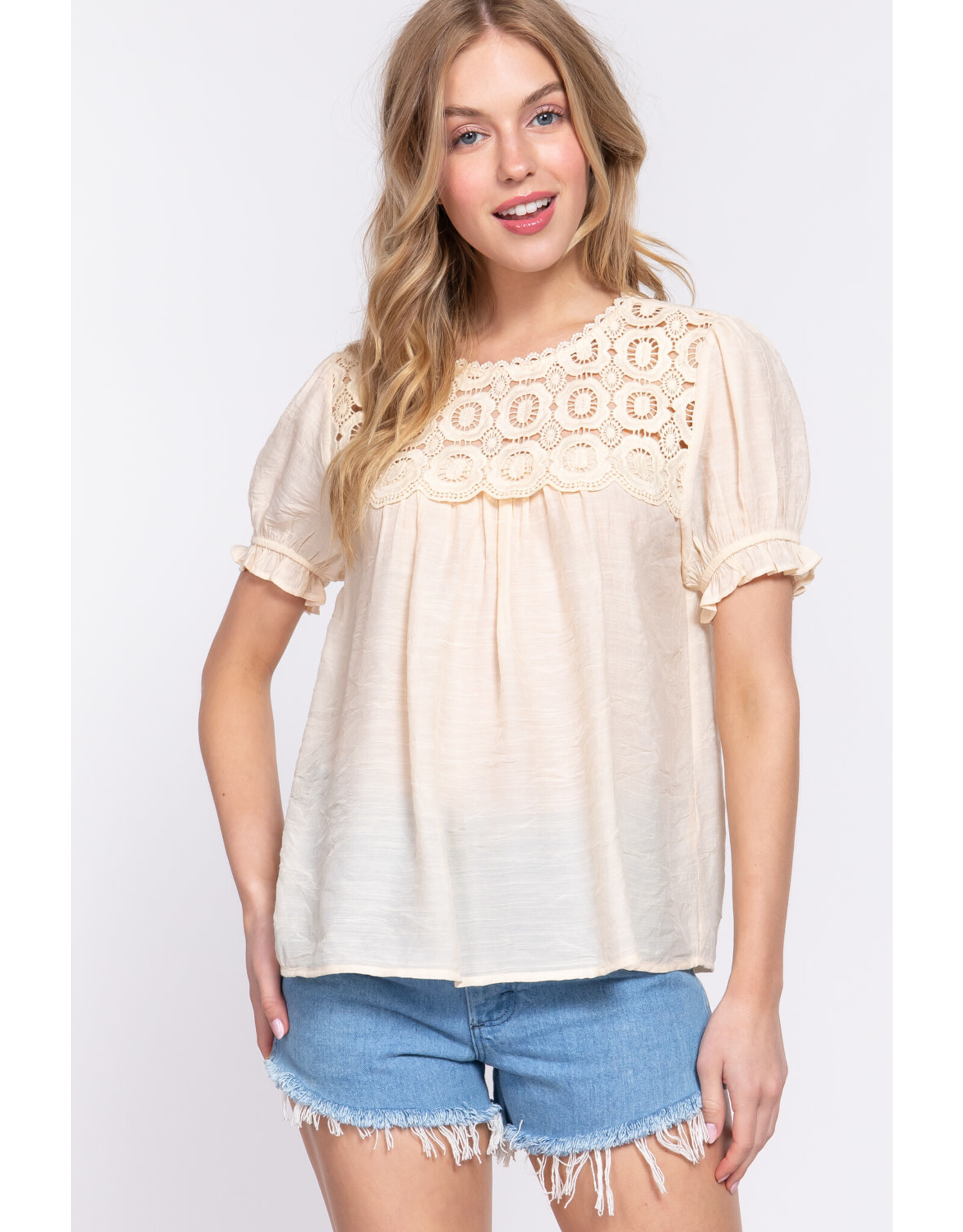 S/S Crochet Lace Panel Top T13519