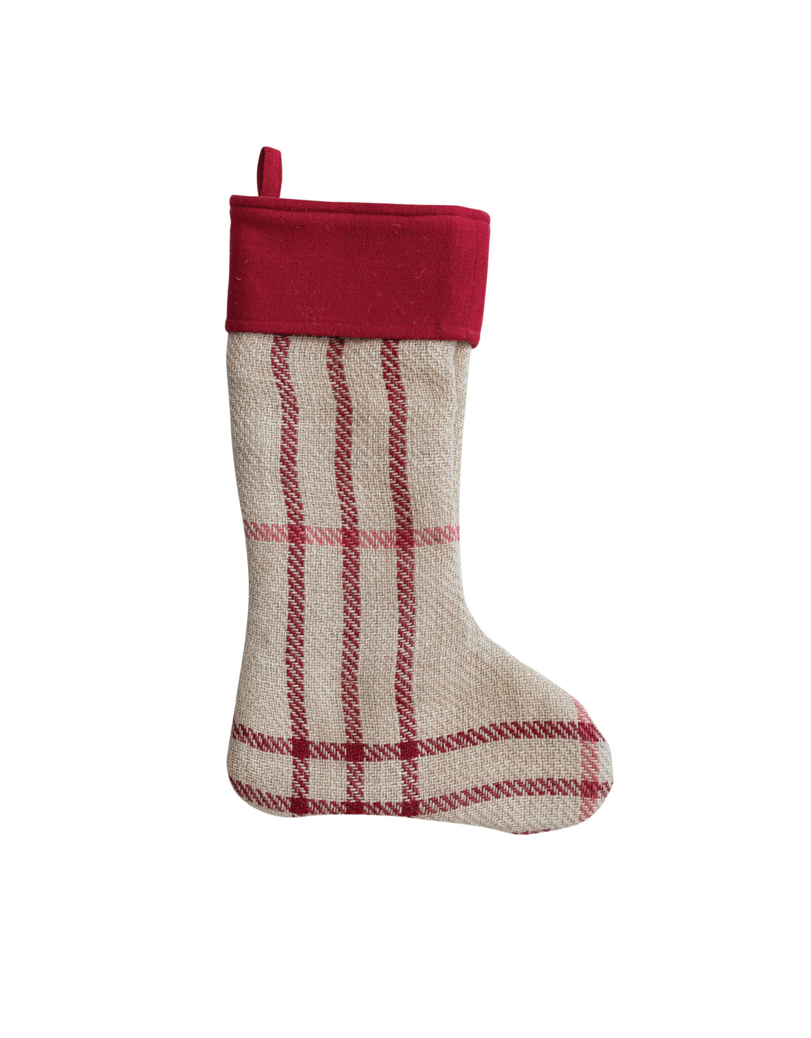 20"H Woven Jute Stocking w/ Cotton Cuff, Natural, Red & Pink Plaid XS2413