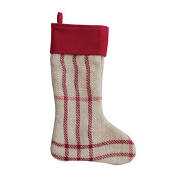 20"H Woven Jute Stocking w/ Cotton Cuff, Natural, Red & Pink Plaid XS2413