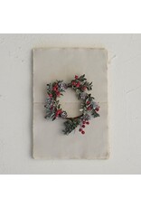 4" Round Faux Boxwood Wreath w/ Natural Pinecones & Red Berries, Snow Finish XS3315