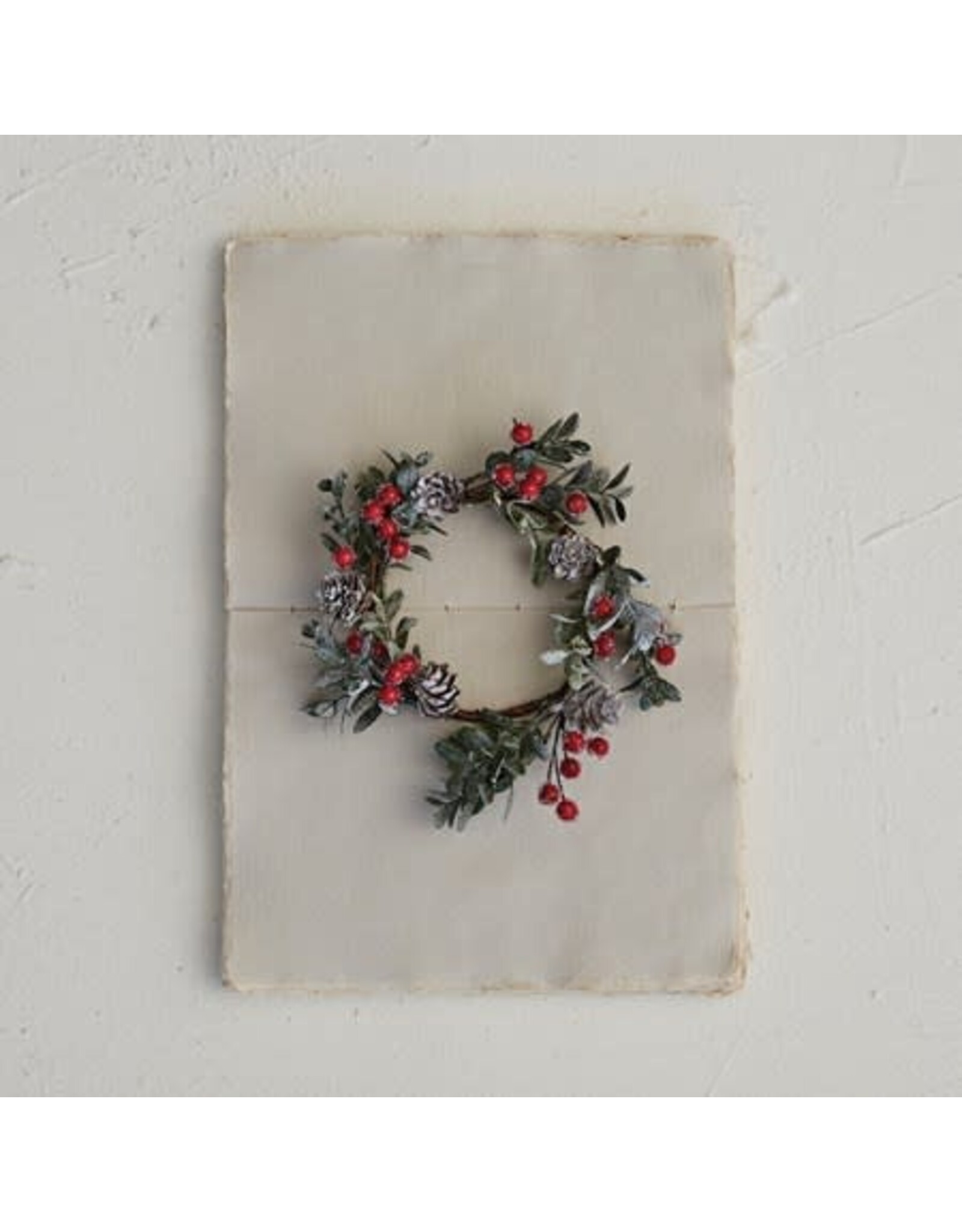 4" Round Faux Boxwood Wreath w/ Natural Pinecones & Red Berries, Snow Finish XS3315
