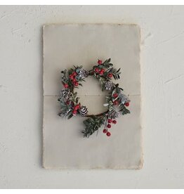 4" Round Faux Boxwood Wreath w/ Natural Pinecones & Red Berries, Snow Finish XS3315