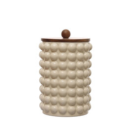 Stoneware Canister w/ Raised Dots & Acacia Wood Lid & Natural DF7934