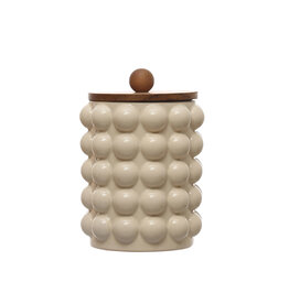 Stoneware Canister w/ Raised Dots & Acacia Wood Lid & Natural DF7933