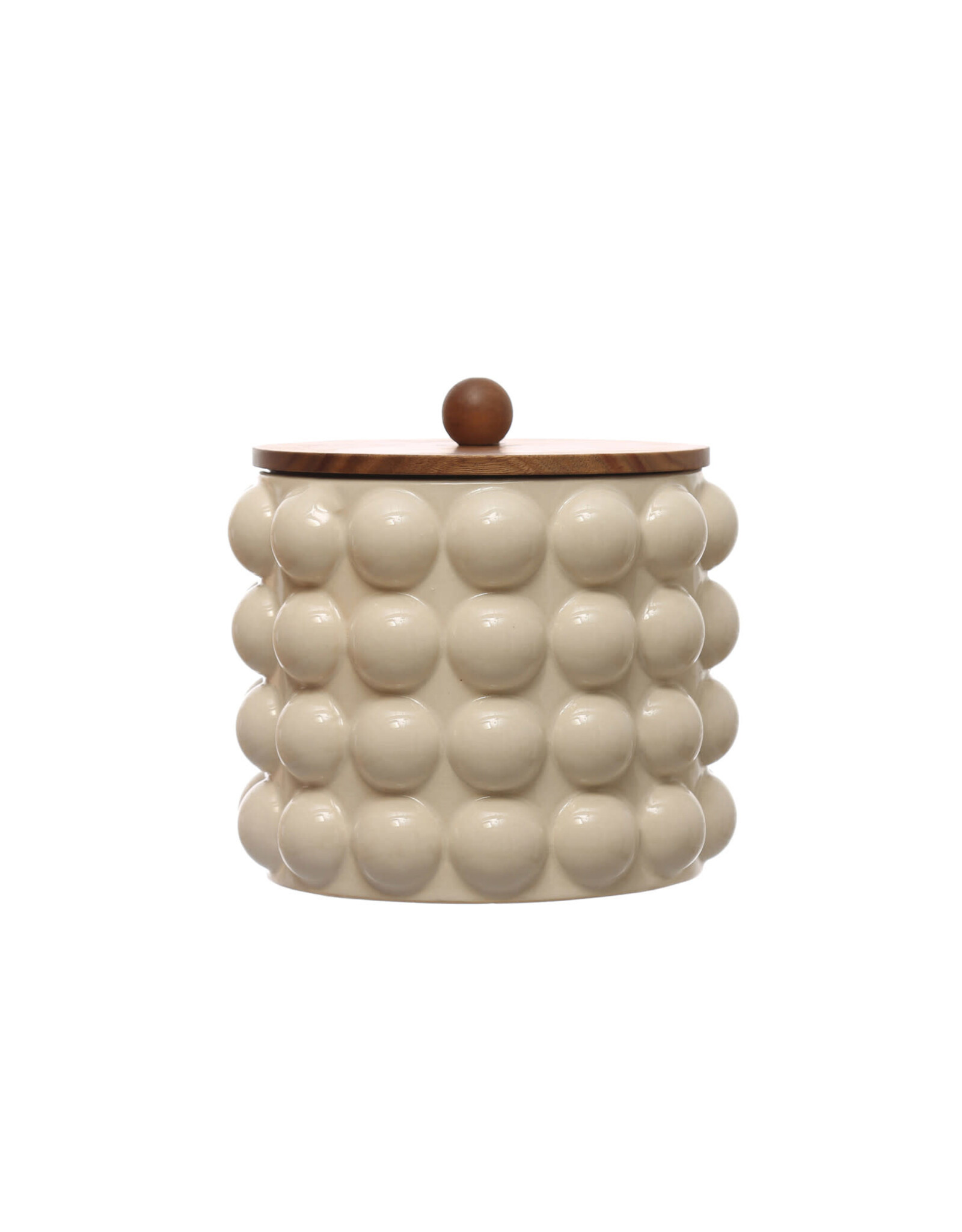 Stoneware Canister w/ Raised Dots & Acacia Wood Lid & Natural DF7932