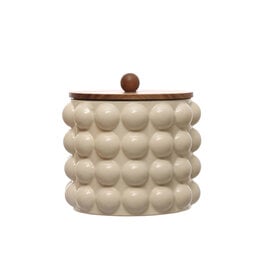 Stoneware Canister w/ Raised Dots & Acacia Wood Lid & Natural DF7932