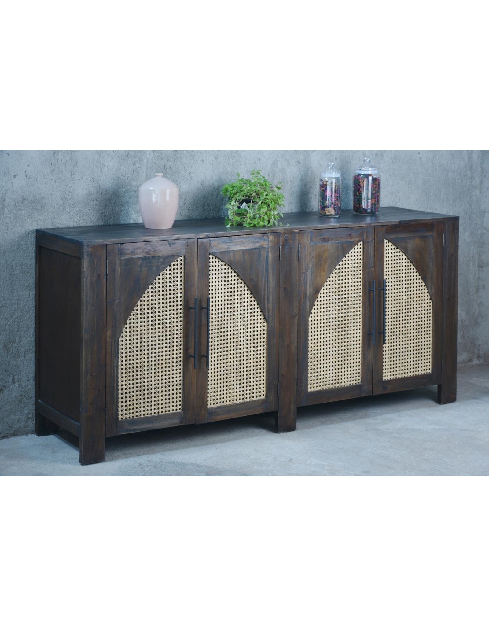CAB348 Arched Rattan Crdenz 4Rattan dr w/Bar Handles 78x18.8x35.3