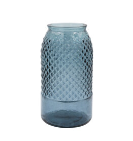 6" Round x 11"H Embossed Recycled Glass Vase, Blue DF8254