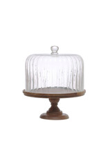 Acacia Wood Pedestal w/ Fluted Glass Cloche DF7901