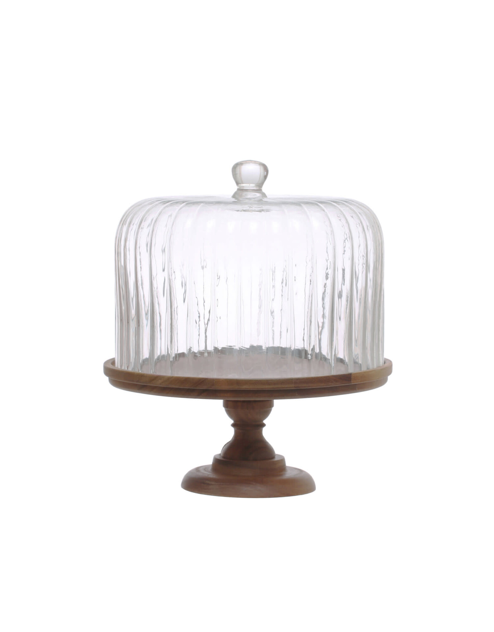 Acacia Wood Pedestal w/ Fluted Glass Cloche DF7901