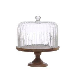 Acacia Wood Pedestal w/ Fluted Glass Cloche DF7901