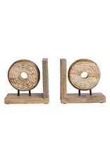 Hand-Carved Mango Wood & Metal Circle Bookend Each   AH2772