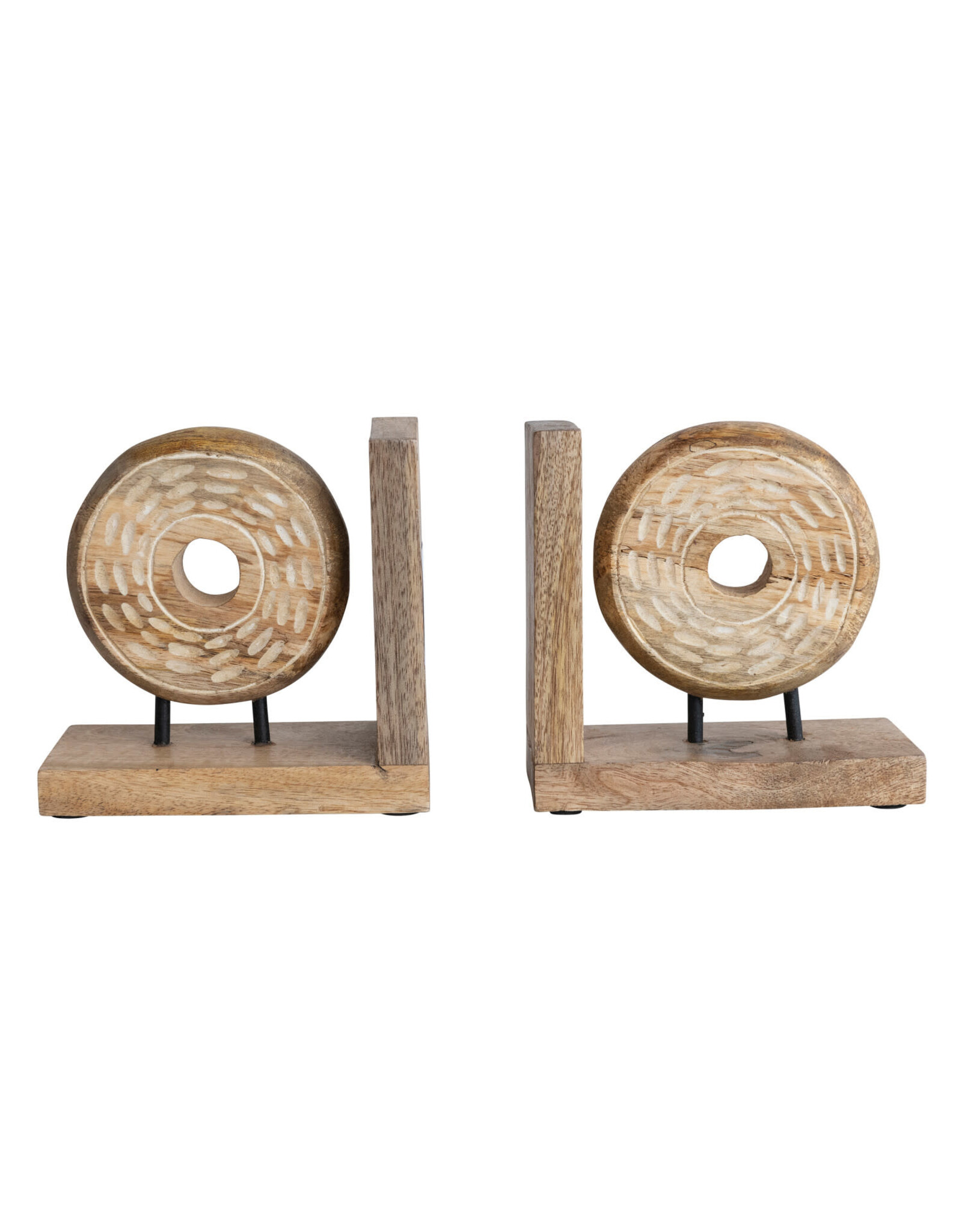 Hand-Carved Mango Wood & Metal Circle Bookend Each   AH2772