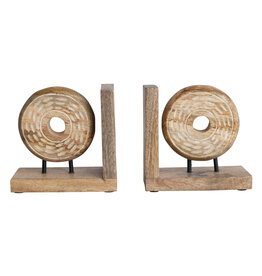 Hand-Carved Mango Wood & Metal Circle Bookend Each   AH2772