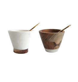 Marble & Mango Wood Pinch Pot w/ Brass Spoon, 2 Styles Each  AH3352A