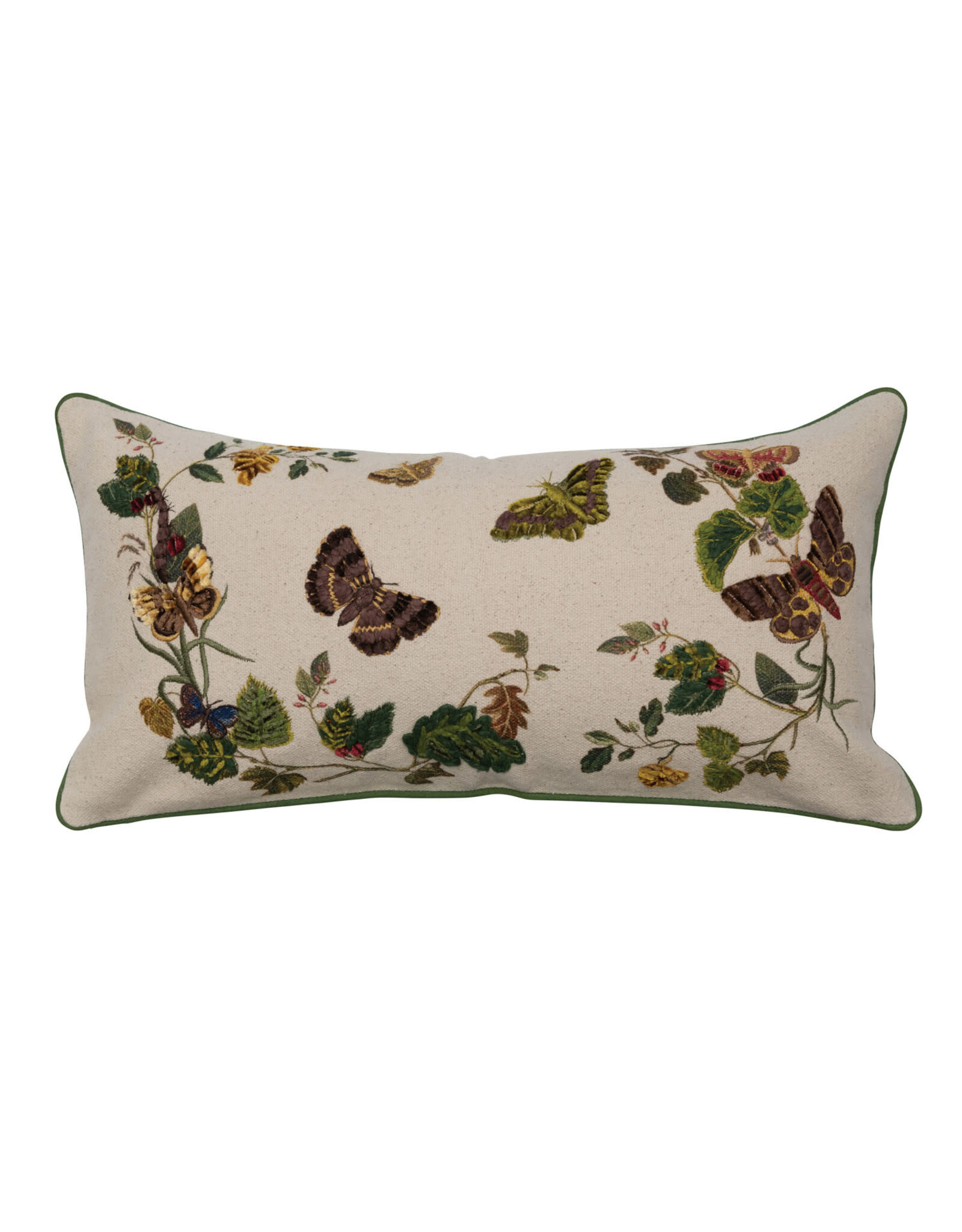 24" x 12" Cotton Lumbar Pillow w/ Butterflies, Flowers, Embroidery & Piping DF6539