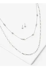 174-QNE3432-SMSSIL Slvr Dual Layered Chain Necklace Set w/ Earrings