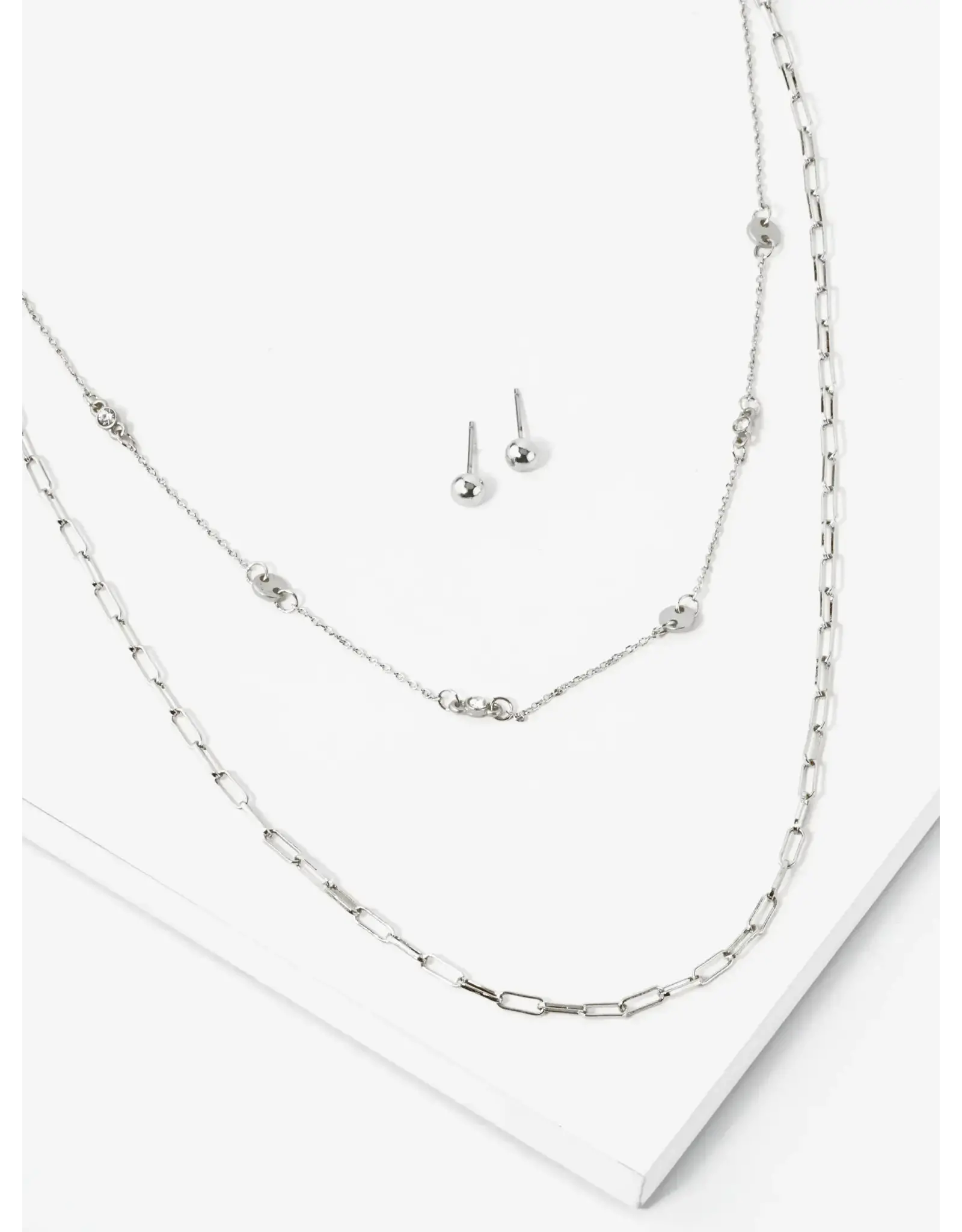 174-QNE3432-SMSSIL Slvr Dual Layered Chain Necklace Set w/ Earrings