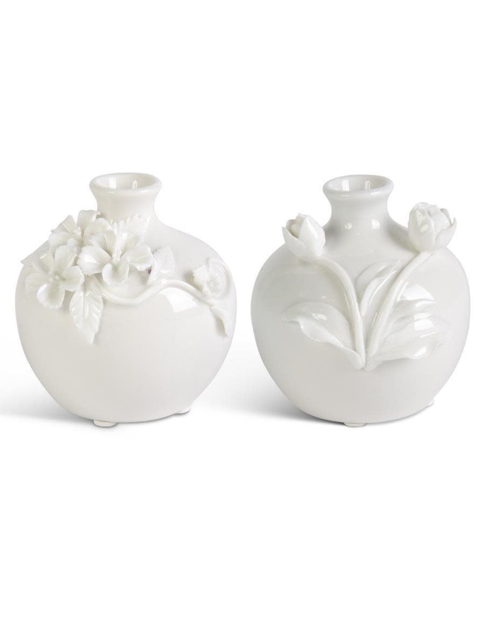 White Ceramic Vase w/Raised Flowers (2 Styles) Each 16335A