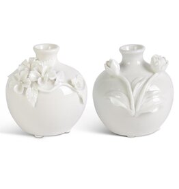 White Ceramic Vase w/Raised Flowers (2 Styles) Each 16335A