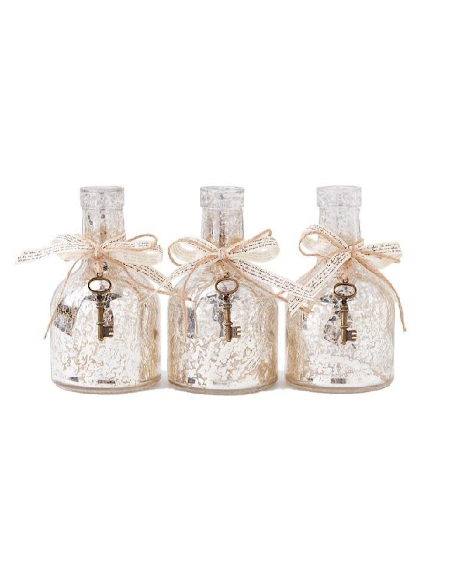 6.5 Inch Mercury Glass Bottle w/Ribbon & Key Accent 13494A