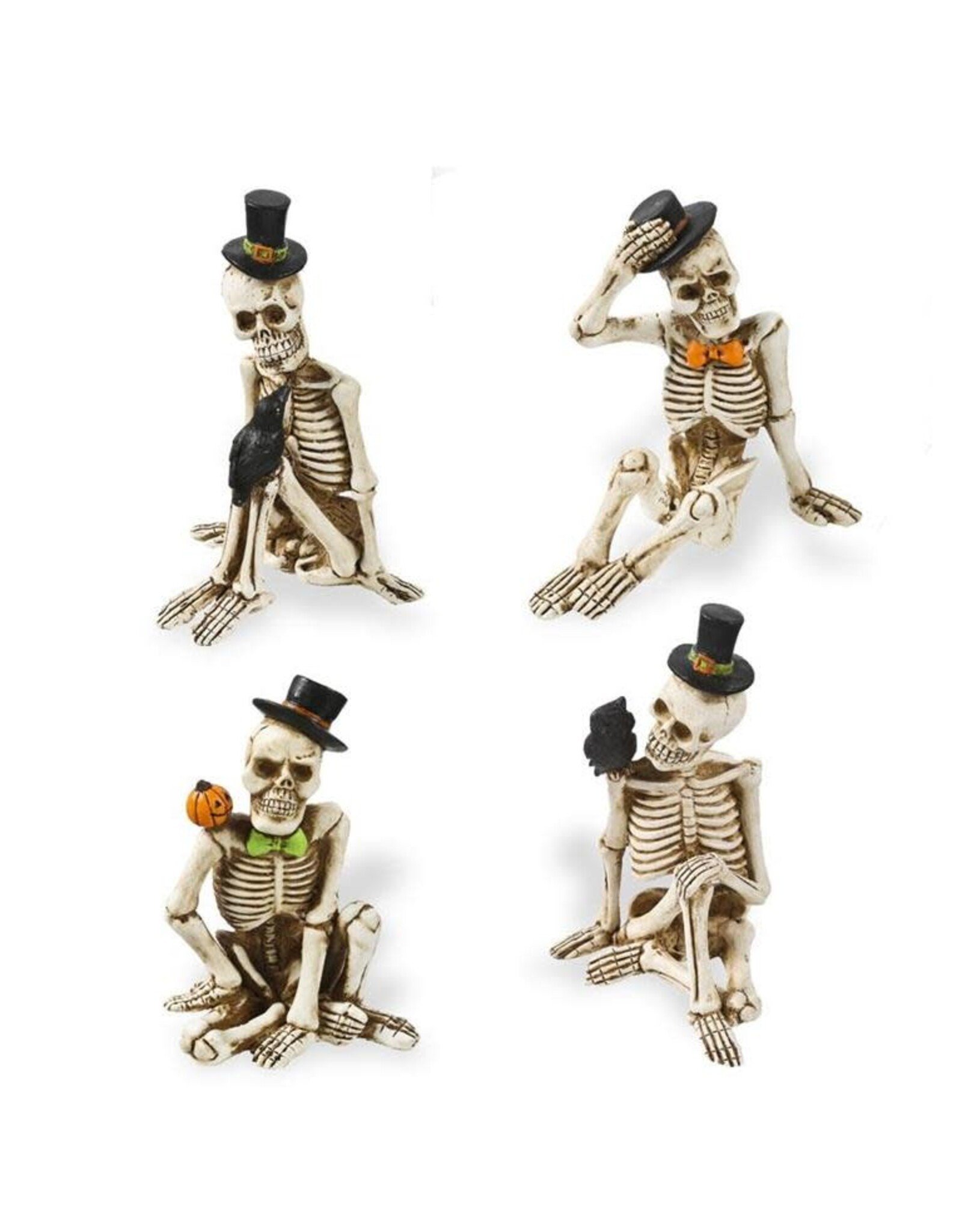 4 Inch Sitting Resin Skeleton w/Top Hat, 4 styles, each 40890A